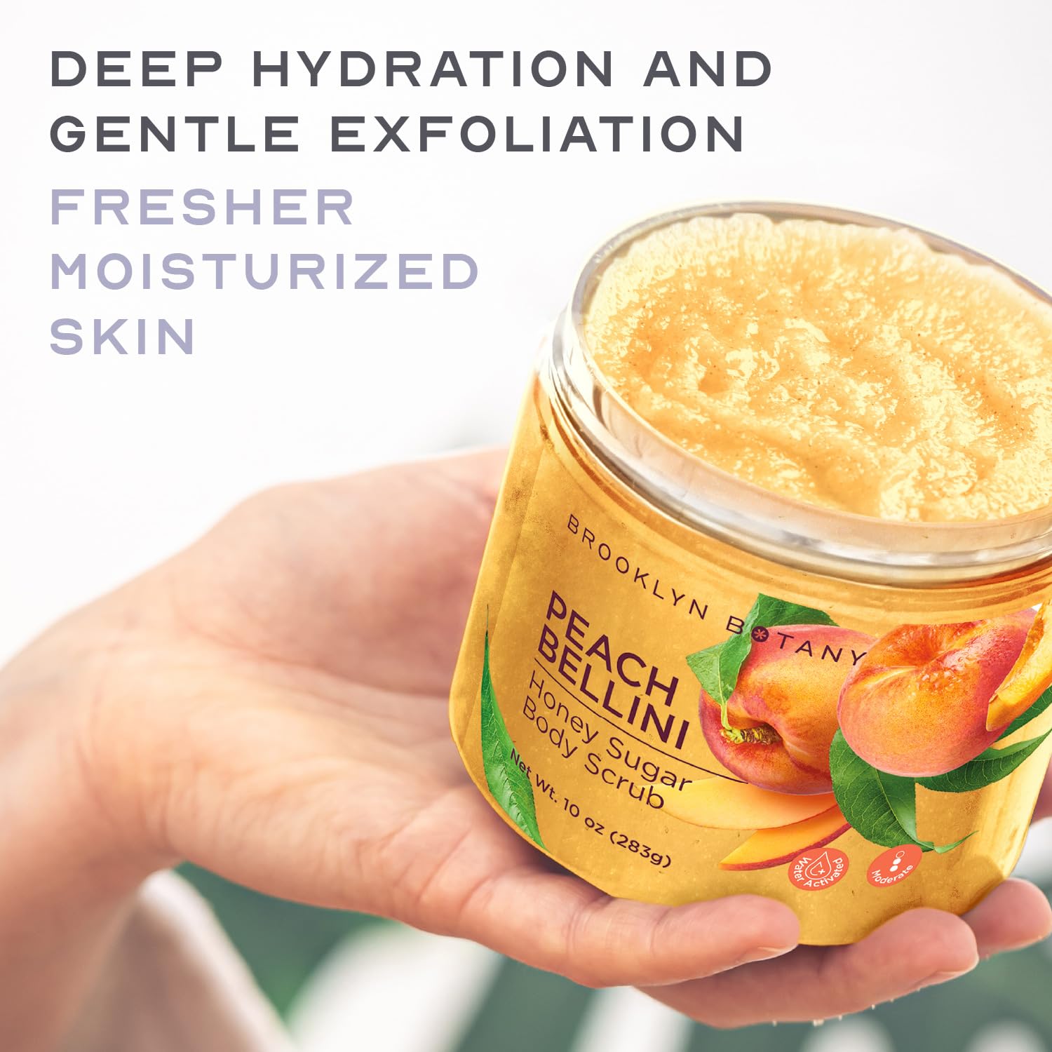 Brooklyn Botany Peach Bellini scrub in shower for gentle exfoliation.