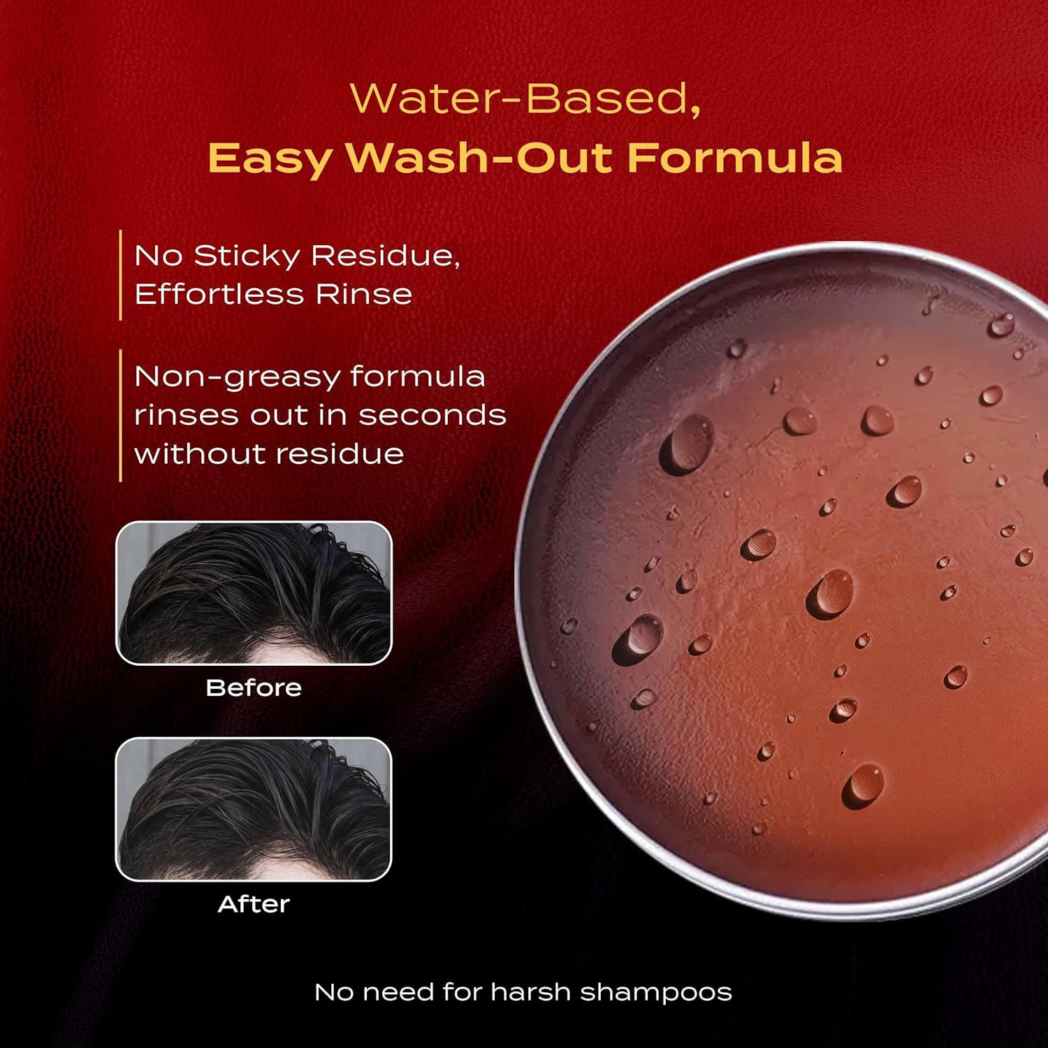 BROSH Far East Hard Pomade in-hand styling image highlights easy washout