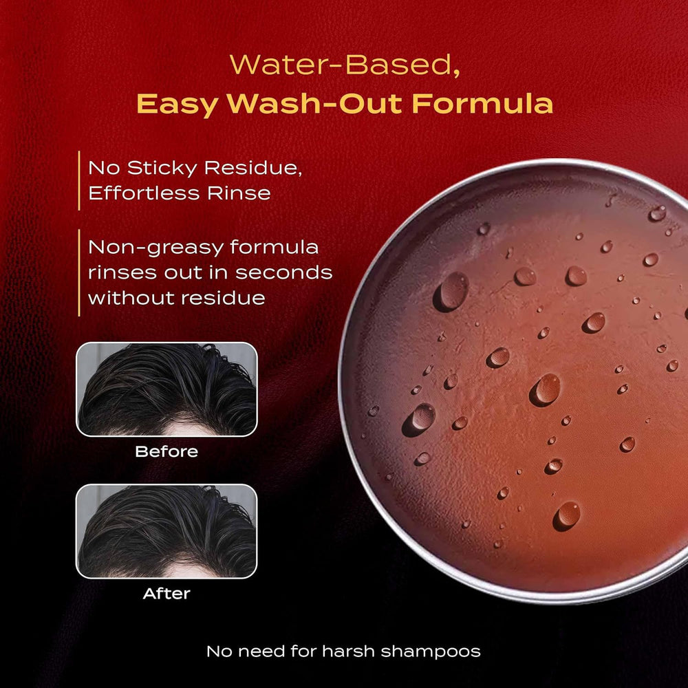 BROSH Far East Hard Pomade in-hand styling image highlights easy washout
