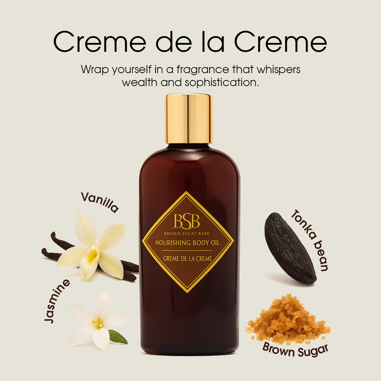 Brown Sugar Babe Creme de la Creme fragrance notes visual showing vanilla and jasmine blend.