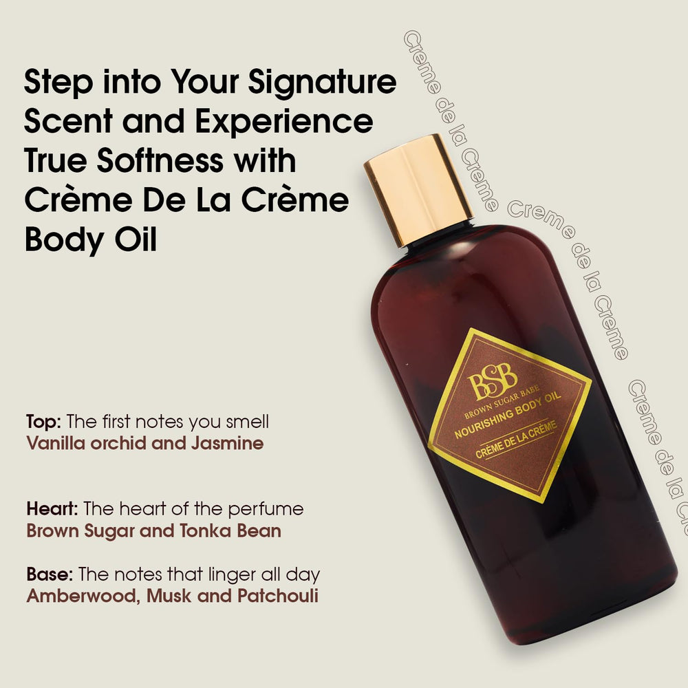 Brown Sugar Babe nourishing oil blend image highlights avocado, castor, and almond oils.