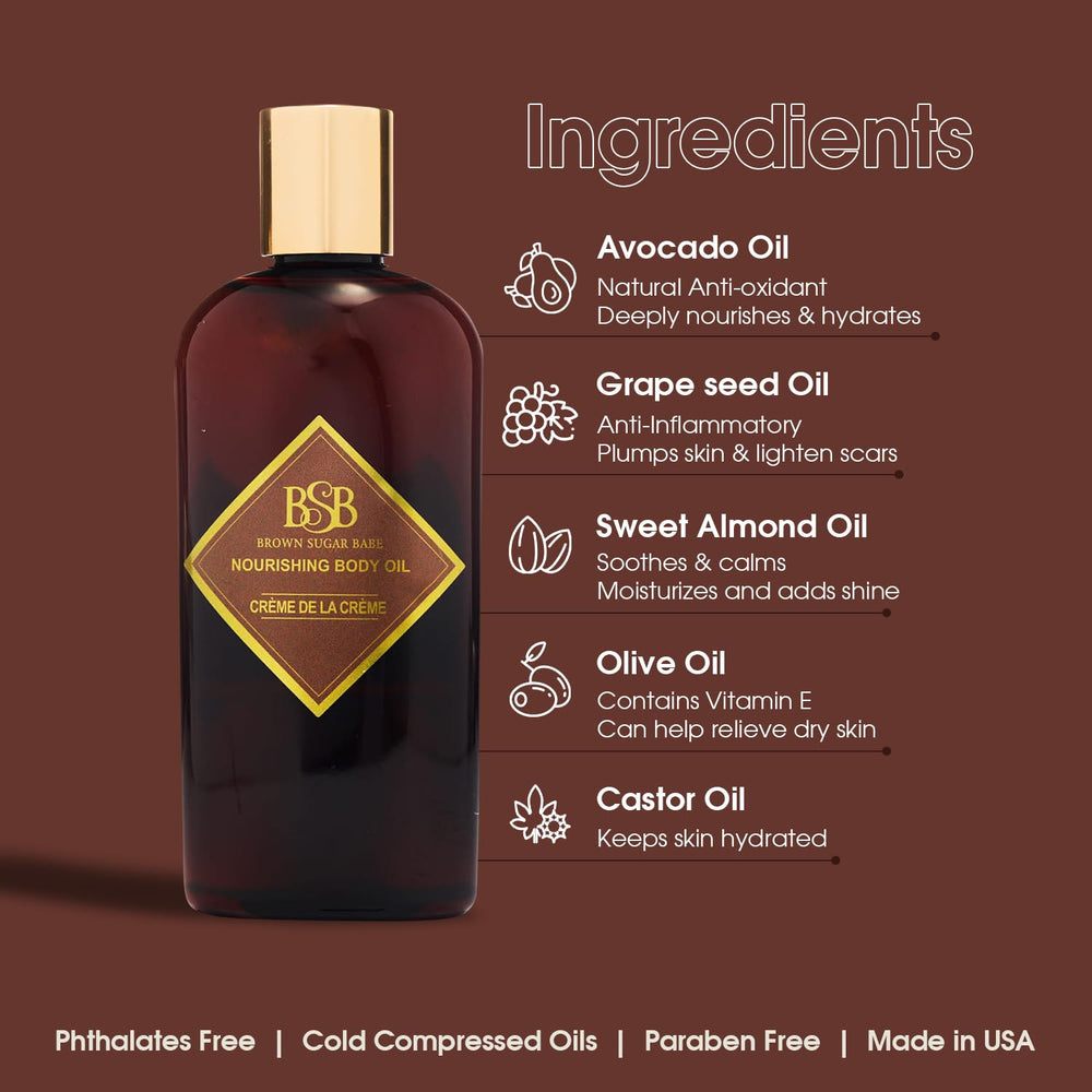 Brown Sugar Babe oil pour demonstrates a lightweight texture for quick absorption.