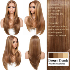 BrownBomb 26-inch layered straight wig with bangs for long, versatile looks.