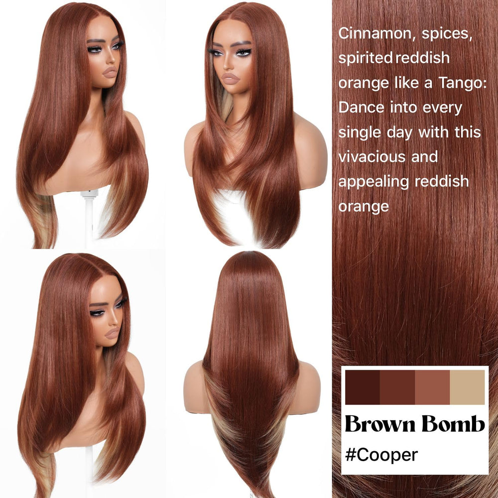BrownBomb Cooper Blond wig bangs detail shows soft fringe styling options.