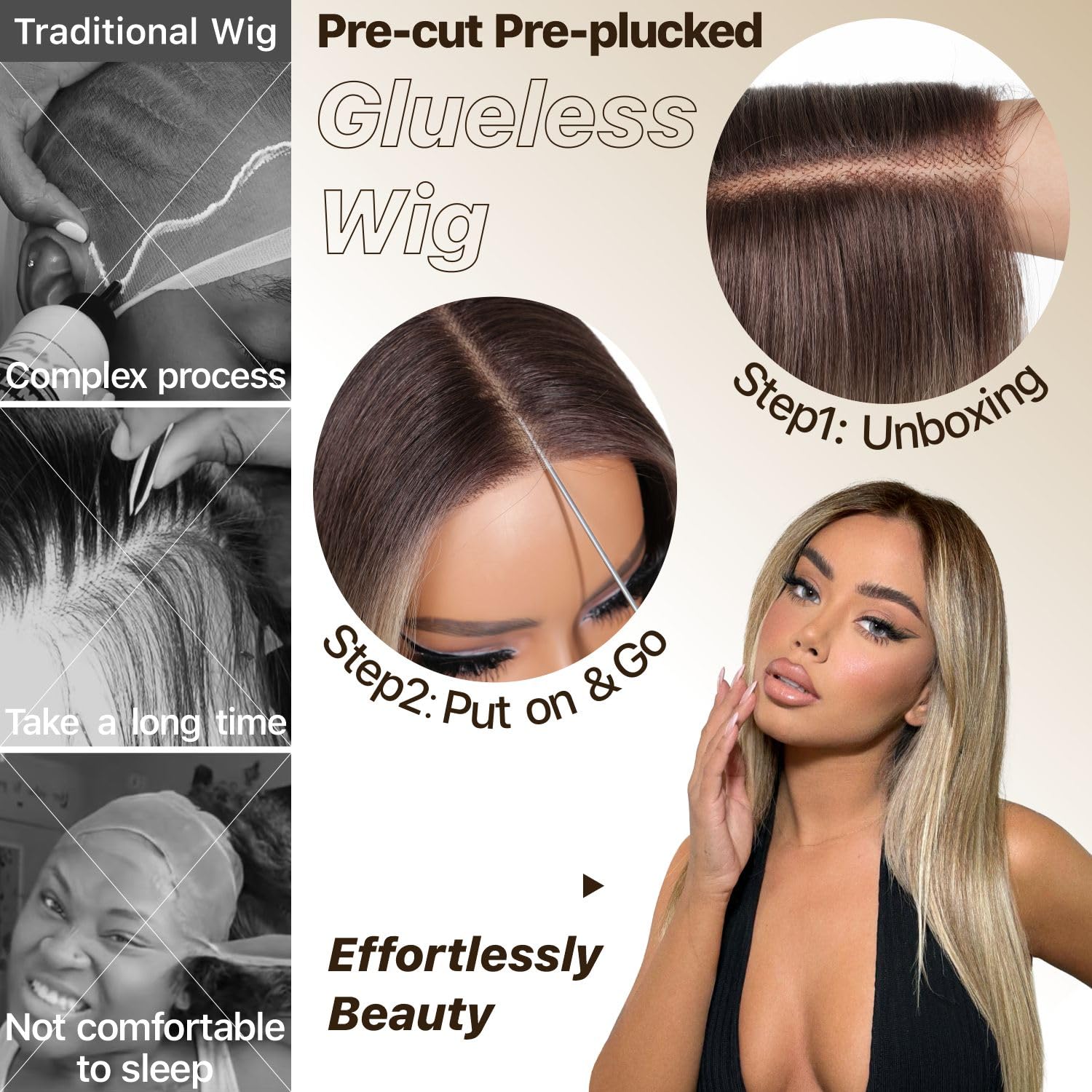 BrownBomb Ombre Blonde Wig cap construction closeup shows comfortable 3D dome cap for secure wear.