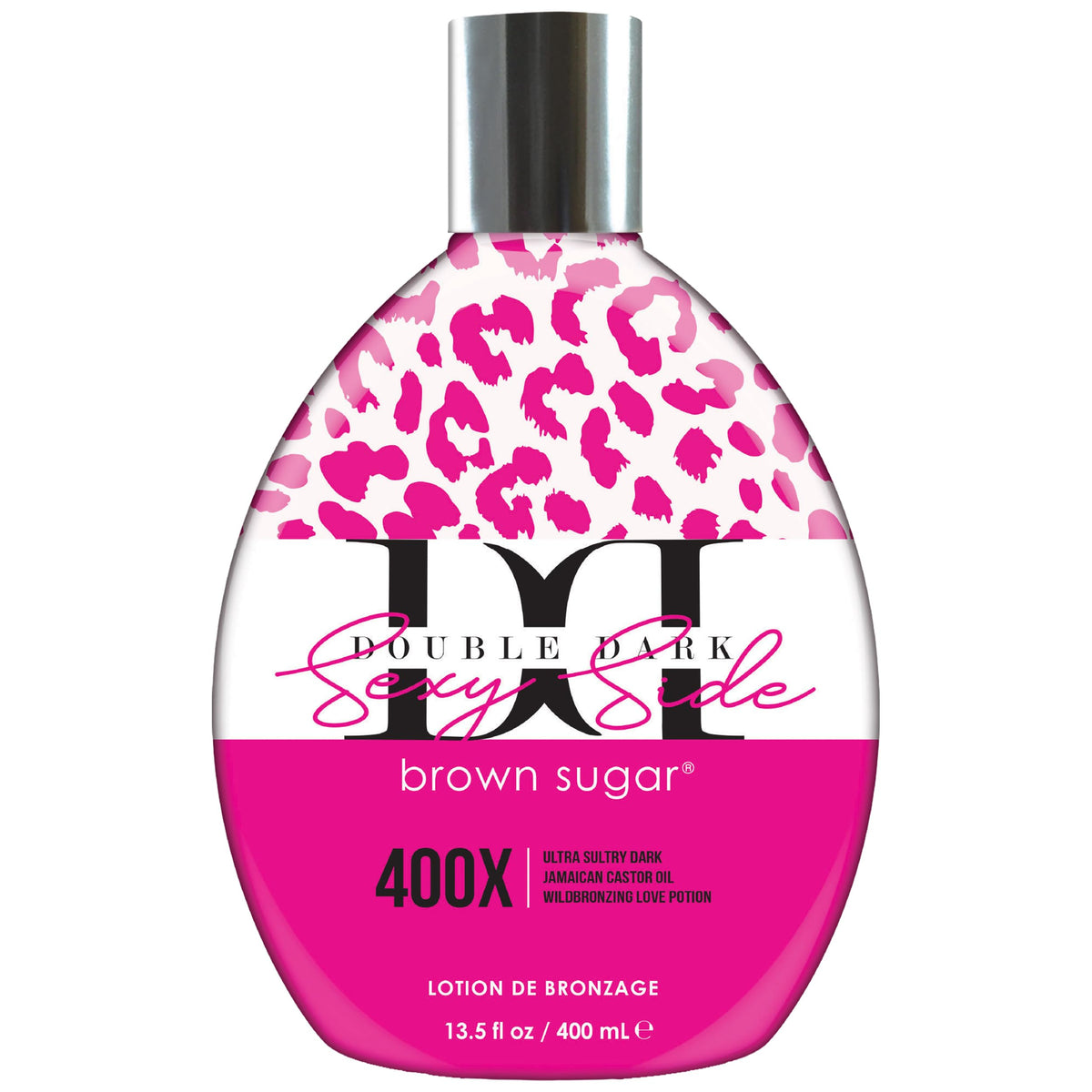 Brown Sugar Double Dark Sexy Side 400X bottle delivers deep bronze color and hydration.