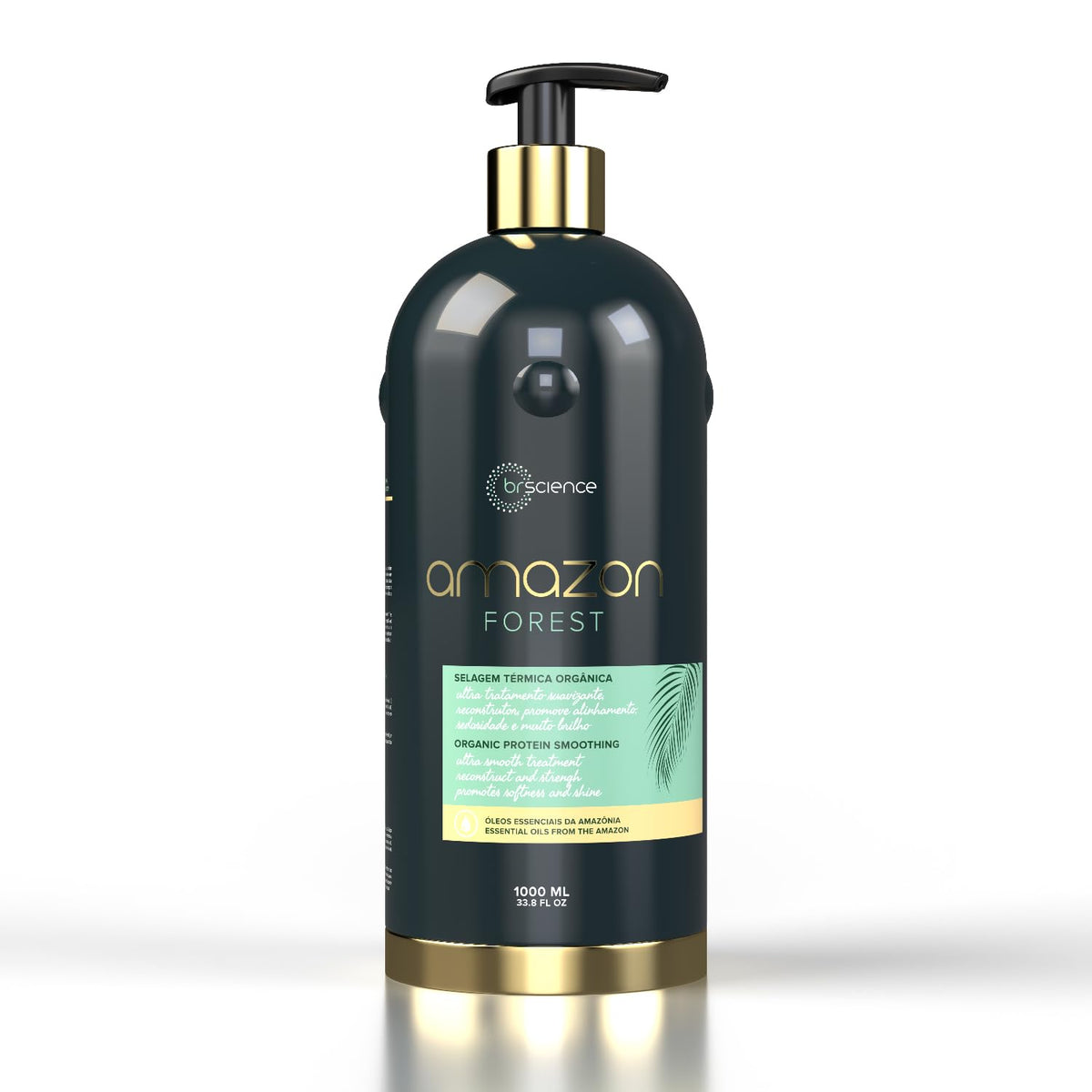 BRSCIENCE Amazon Forest Keratin Treatment bottle close-up highlighting frizz control and shine