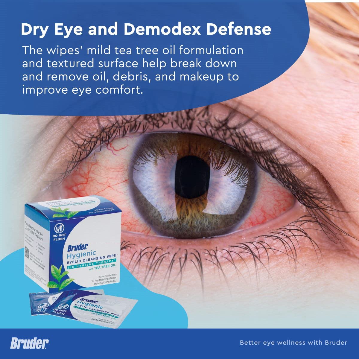 Bruder wipes close-up showing exfoliation helps remove oils and makeup around eyes