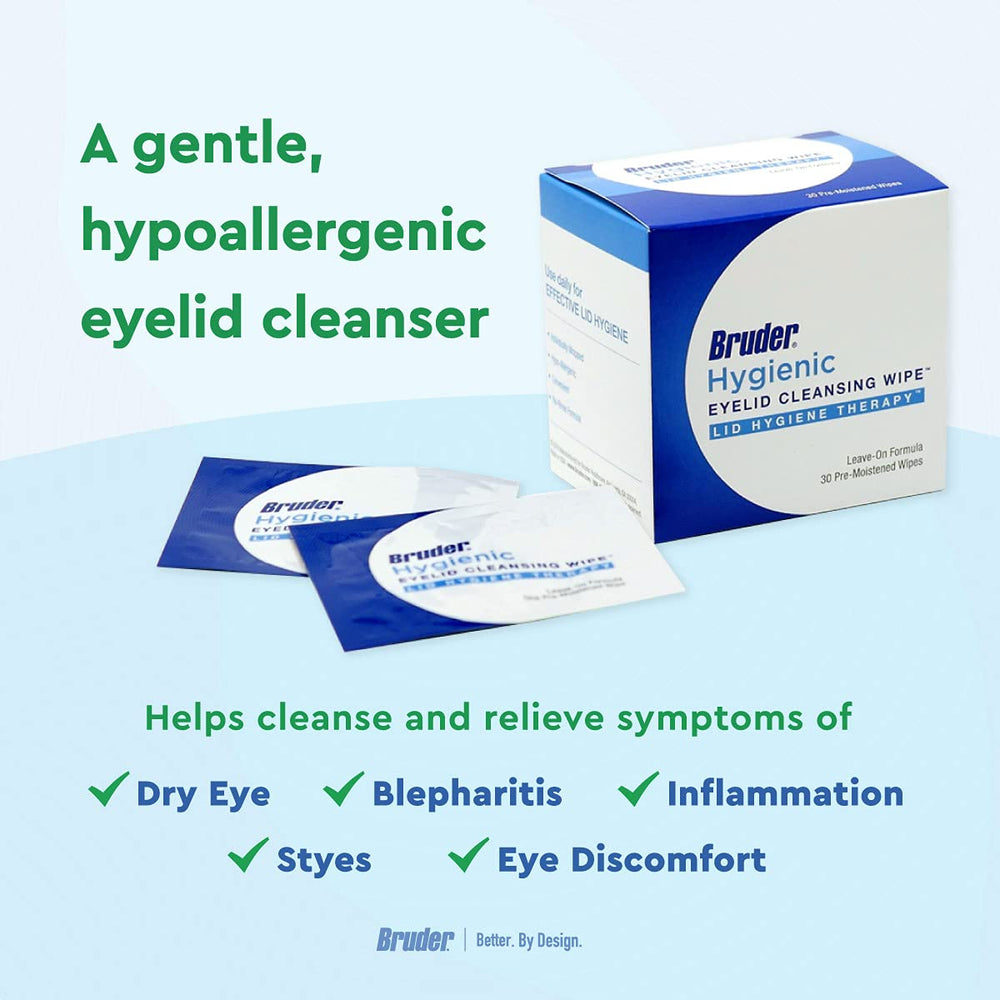 Bruder hypoallergenic eye cleaning wipes safe for sensitive eyelids.
