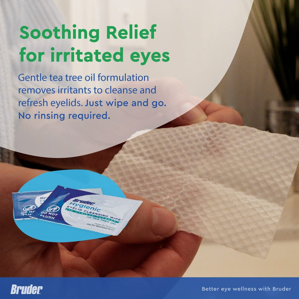 Bruder Tea Tree Oil eyelid wipes offer daily eyelid care in a rinse-free format