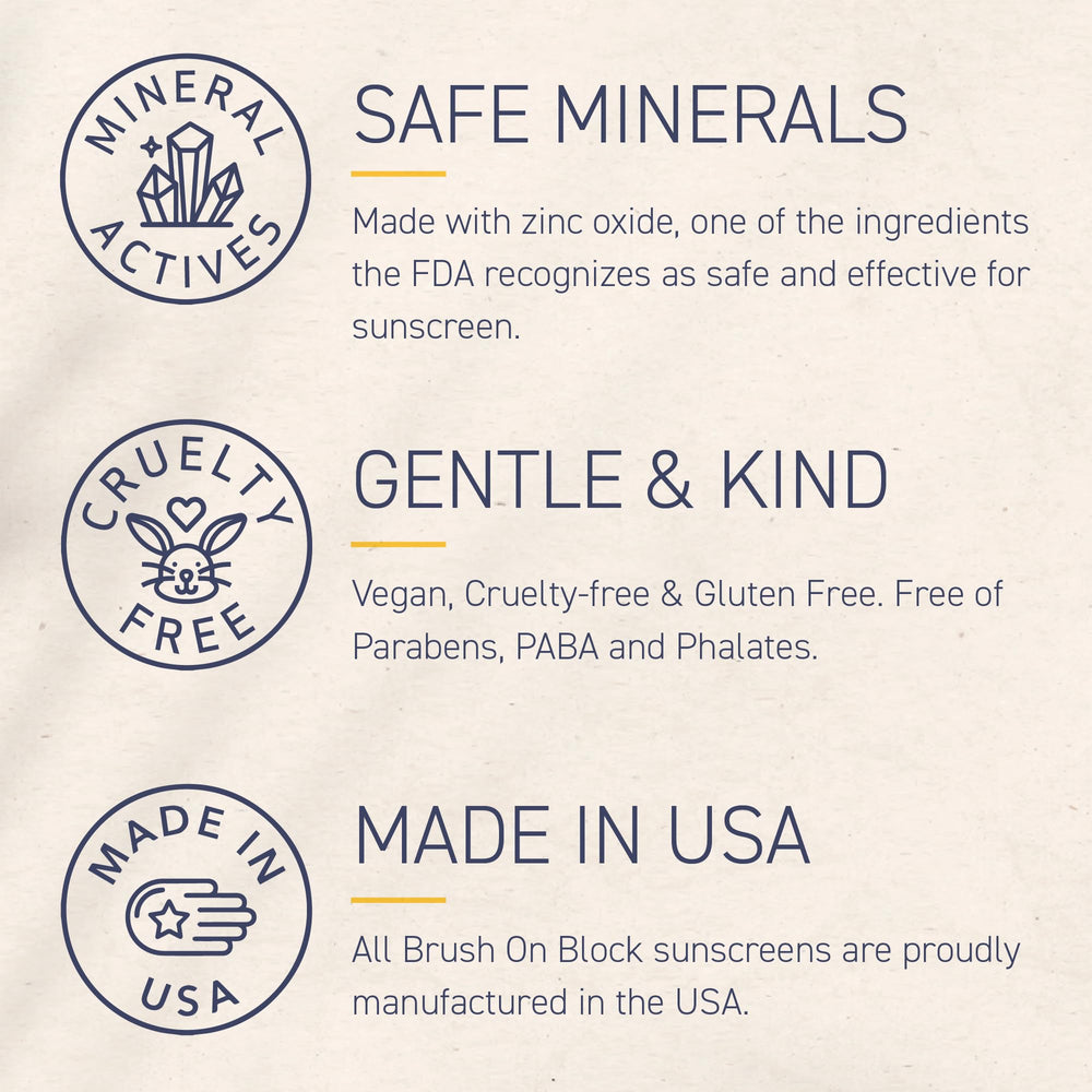 Brush On Block reef-safe formula bottle emphasizes responsible sun protection.