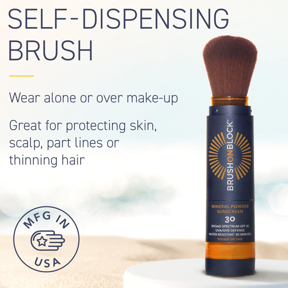 Brush On Block self-dispensing brush delivers mess-free sunscreen on the go.