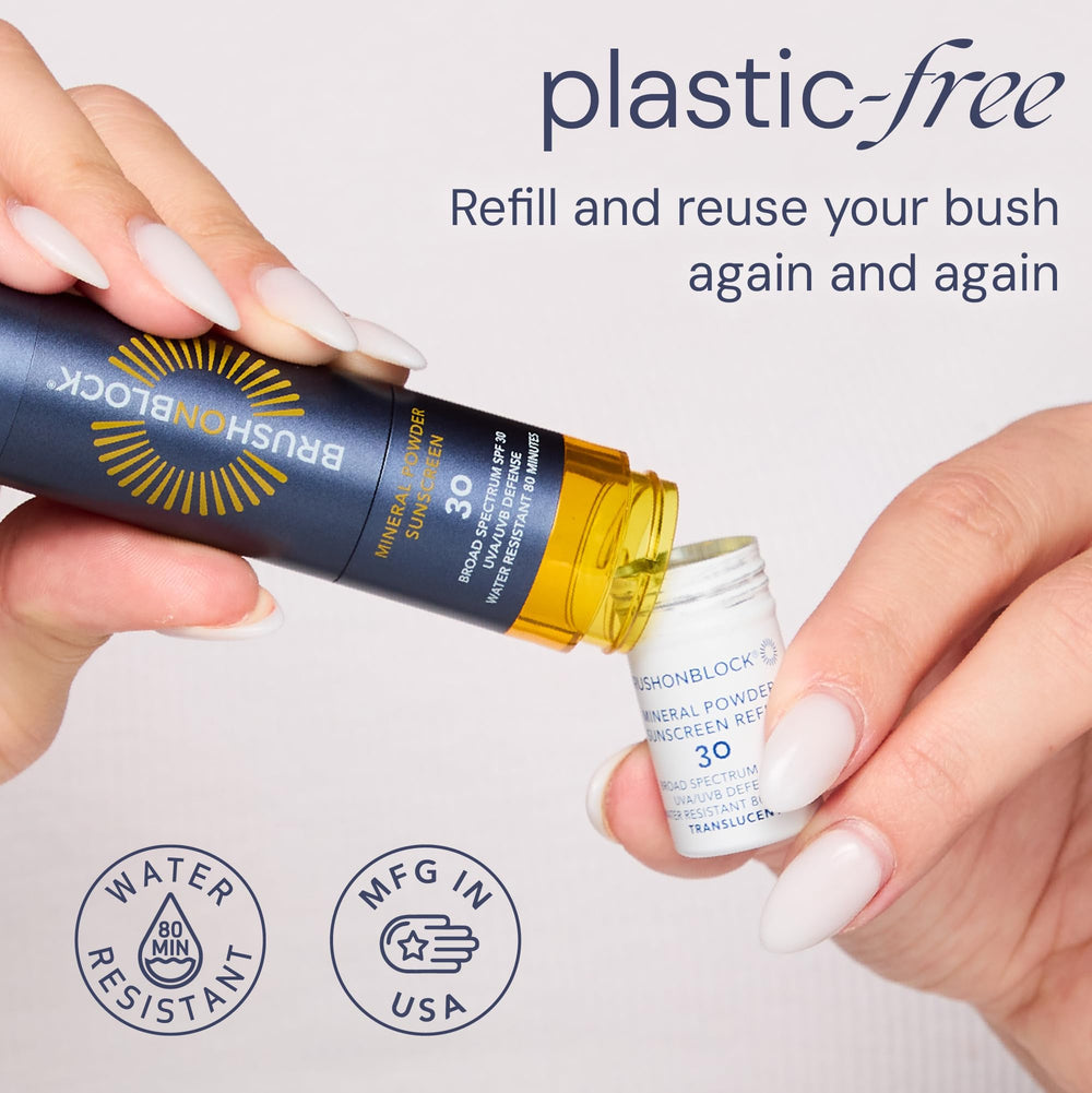Brush On Block self-dispensing brush displaying mess-free, portable sunscreen