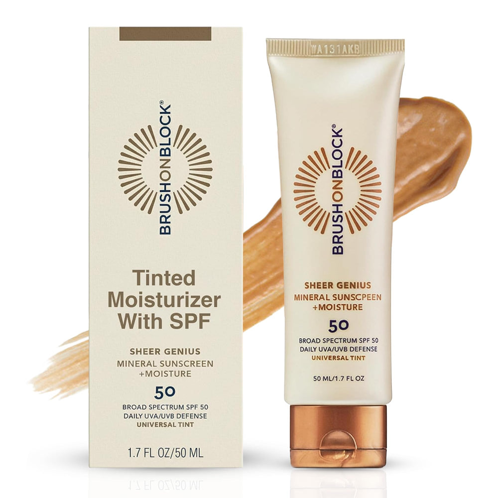 Brush On Block tinted mineral sunscreen bottle shows SPF 50 protection with a radiant finish.