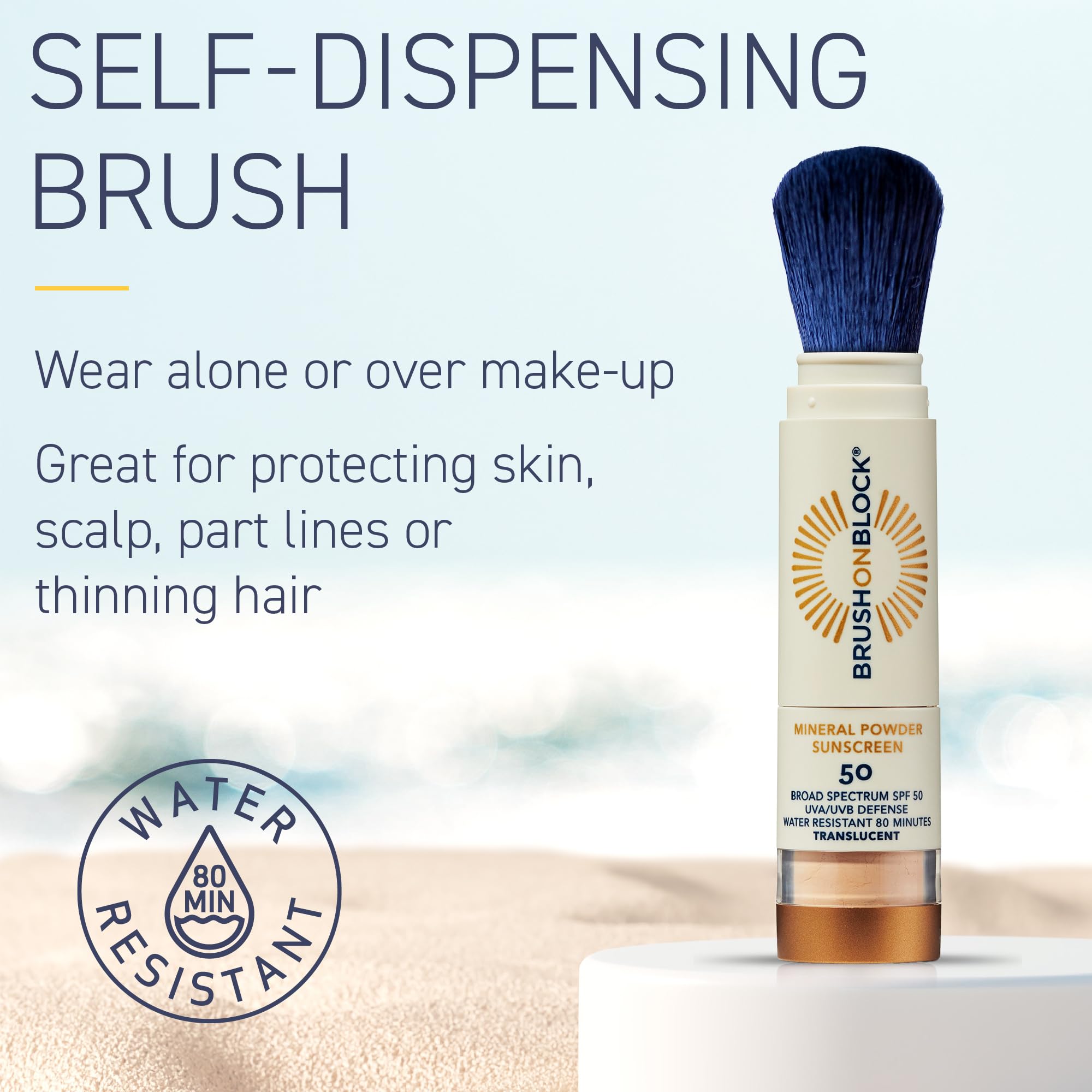 Compact travel-friendly Brush On Block keeps protection on hand for on-the-go reapplication.