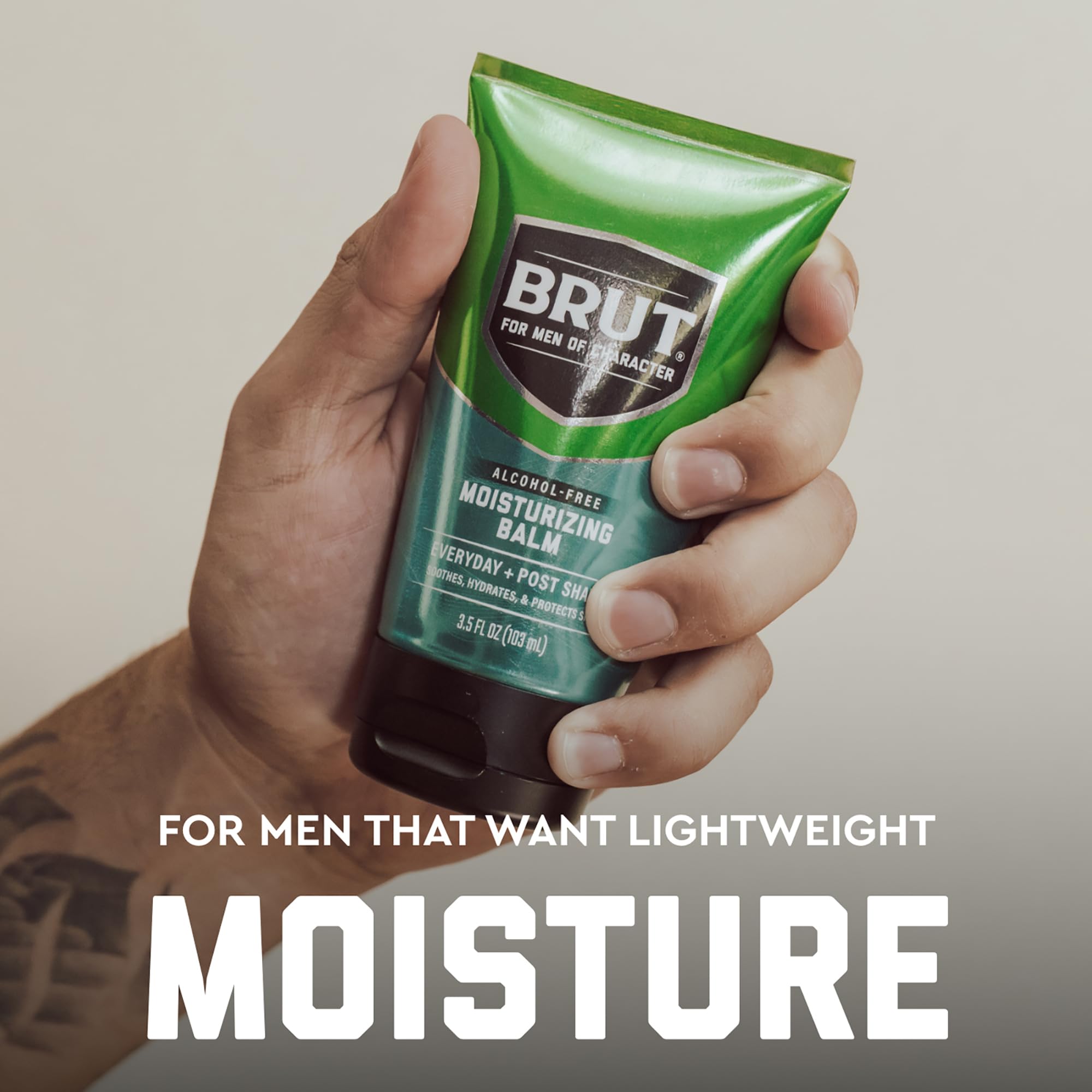 Brut Aftershave Balm being absorbed into skin after shaving.