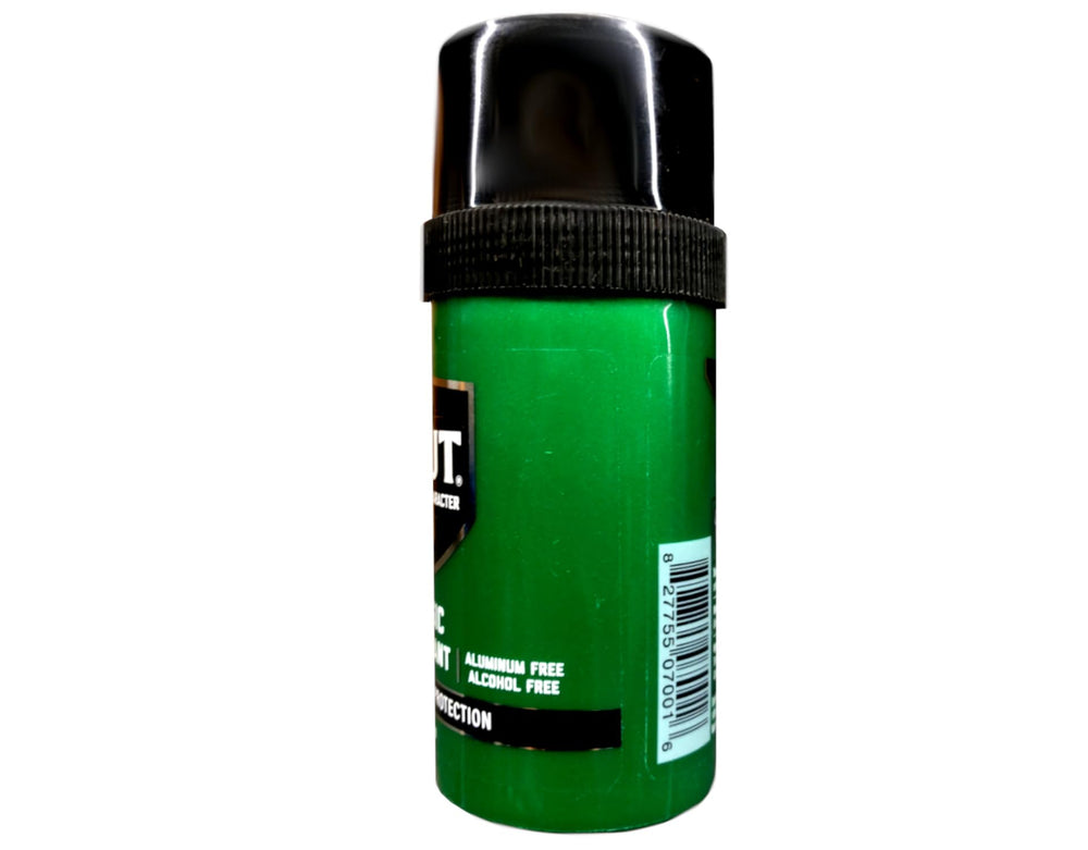 BRUT Classic Round Stick Deodorant shown with non-greasy, clean feel on skin.