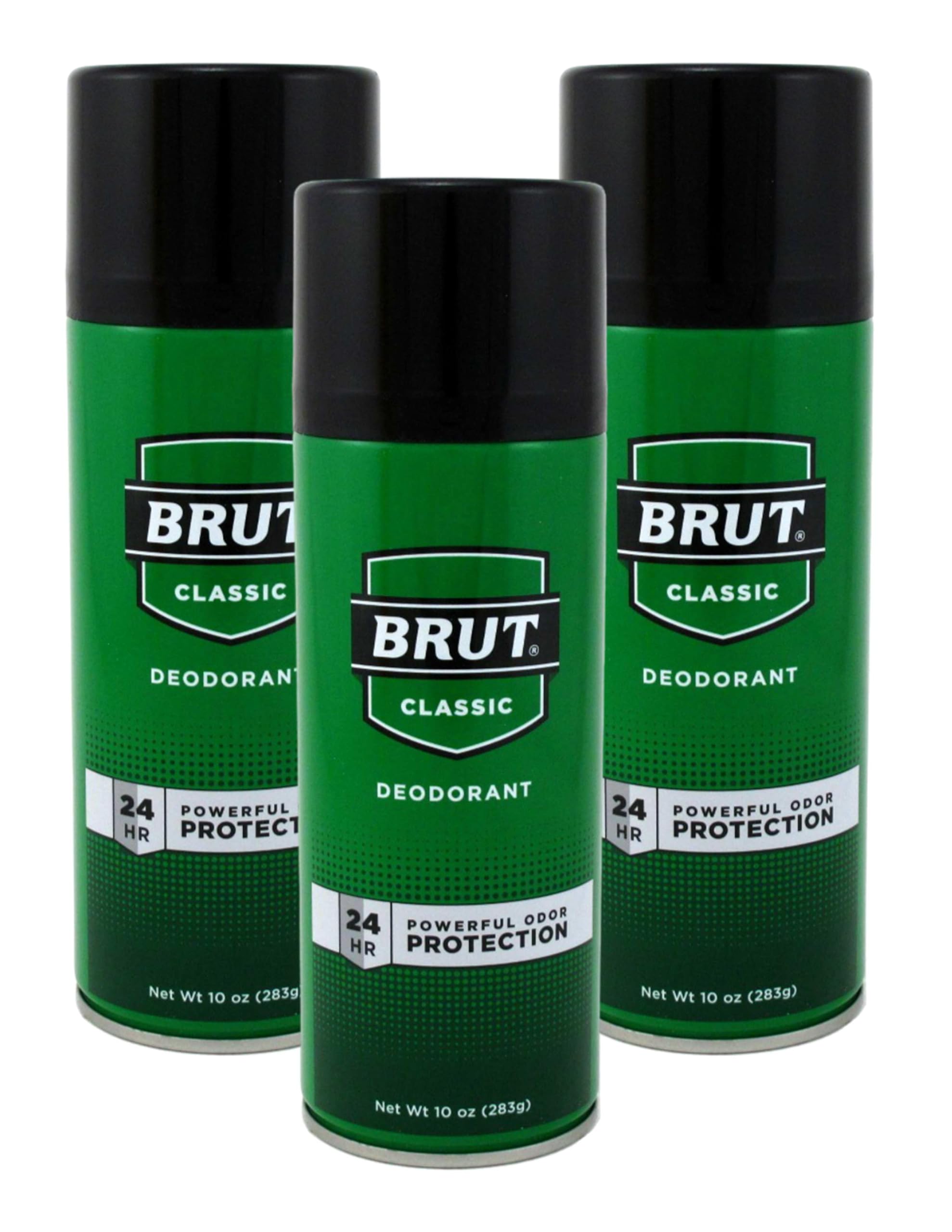 Brut 10oz aerosol close-up label highlighting the classic fragrance.