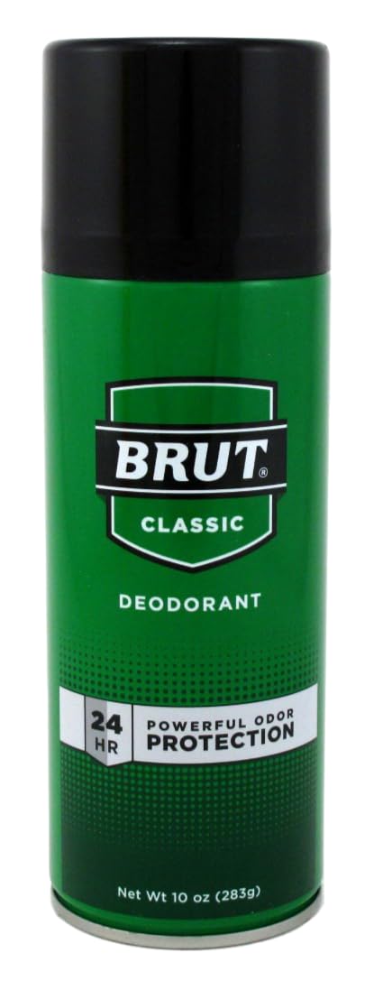 Brut 10oz aerosol three-pack box highlights value and convenient multi-use.