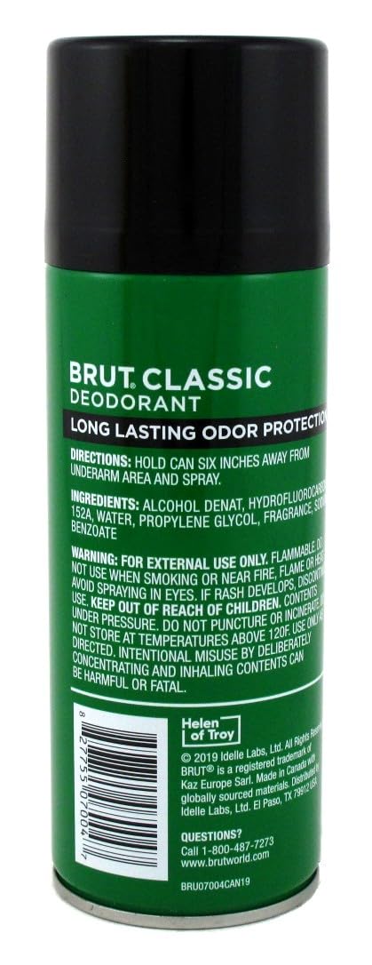Brut deodorant aerosol spray action demonstrating quick, even application for all-day protection.