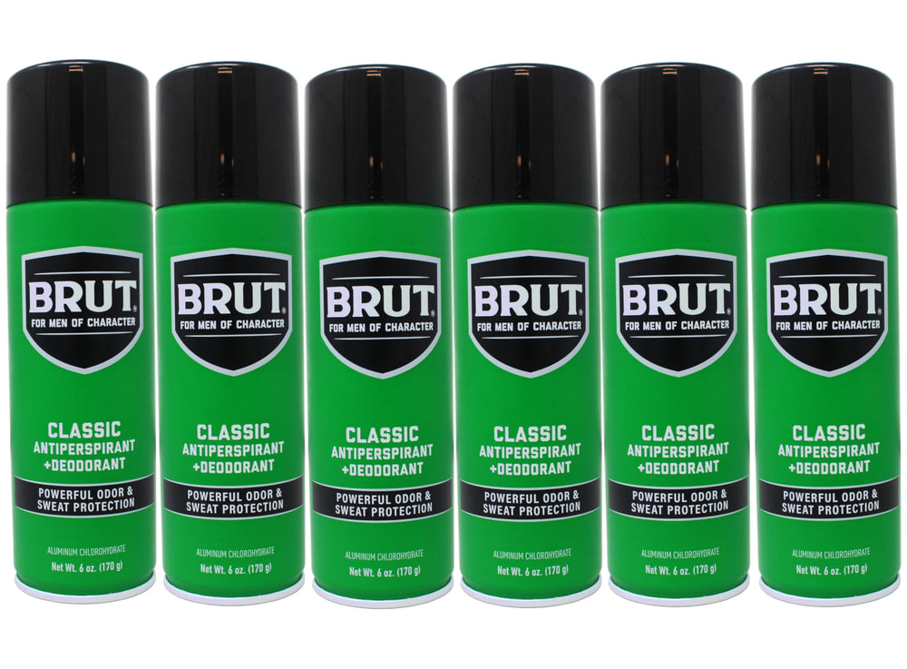 Brut deodorant aerosol bottle with classic scent offers long-lasting freshness