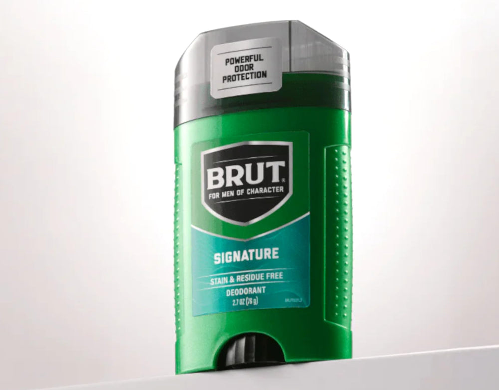 Brut oval solid deodorant application showing easy glide for mornings.