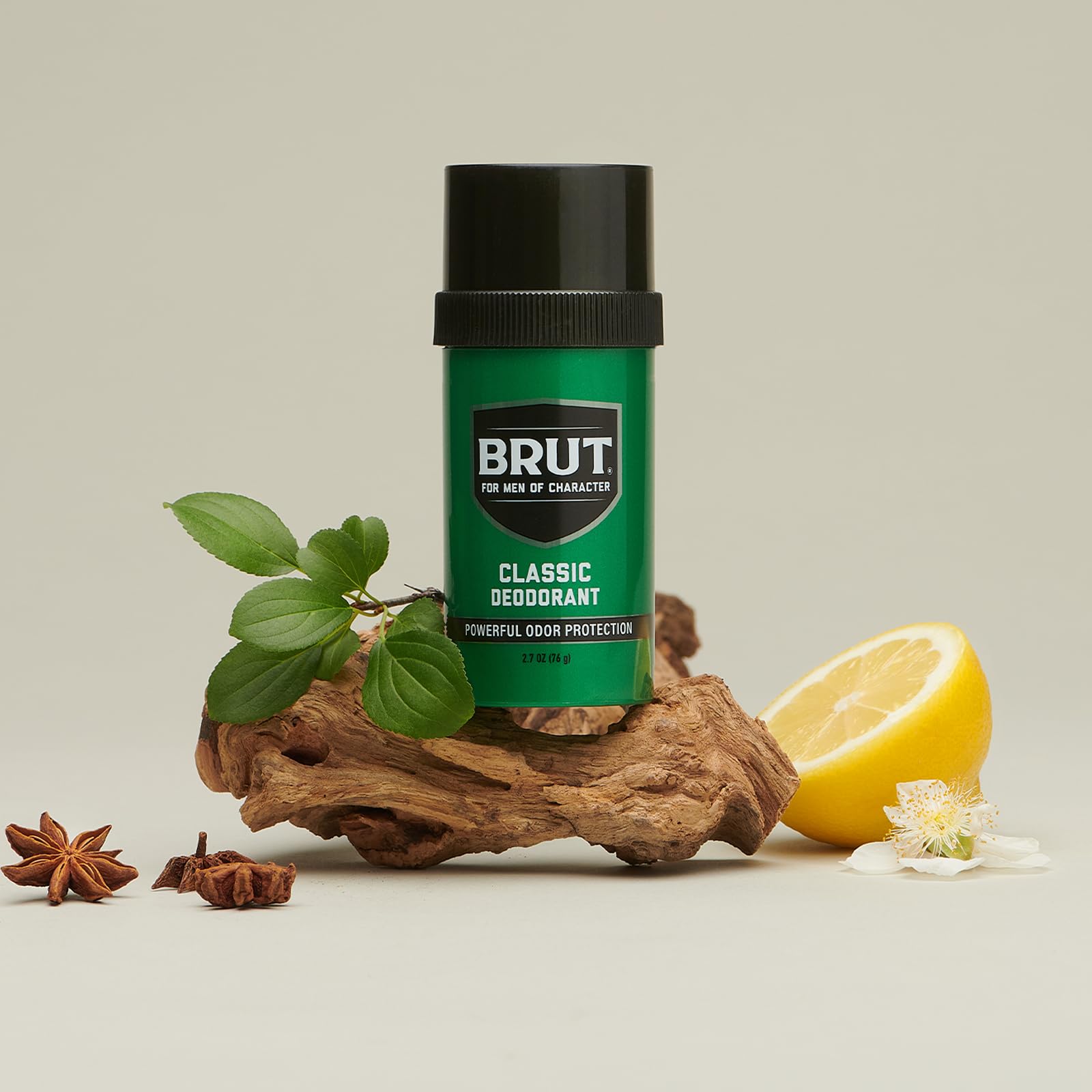 BRUT Deodorant Stick Original close-up highlights the classic fragrance.