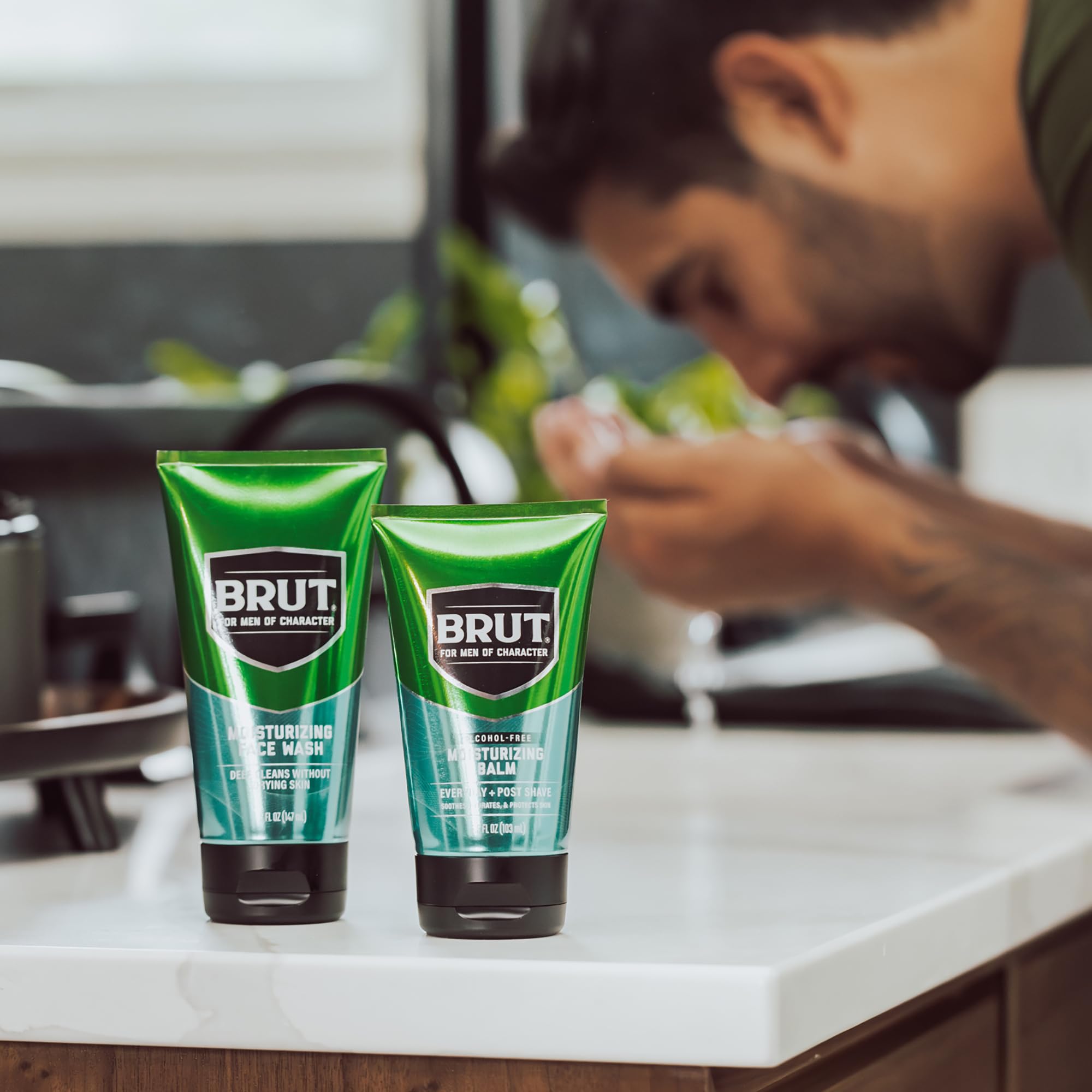 Brut Grooming routine scene featuring balm as daily step.