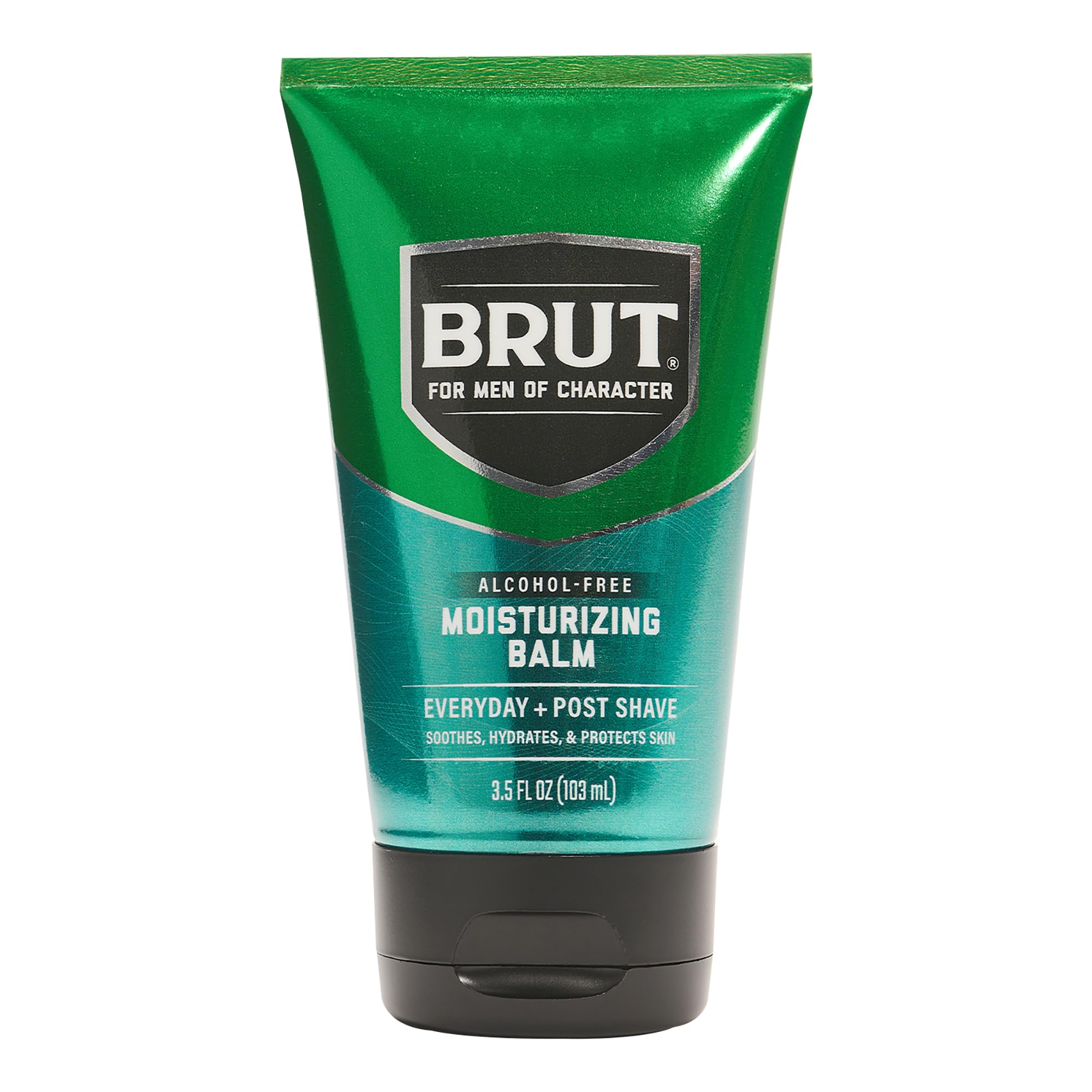 Brut Moisturizing Balm bottle closeup highlighting signature scent for daily hydration.