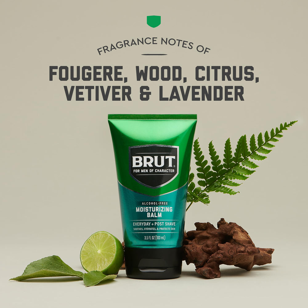 Brut Moisturizing Balm texture closeup shows lightweight, non-greasy feel.