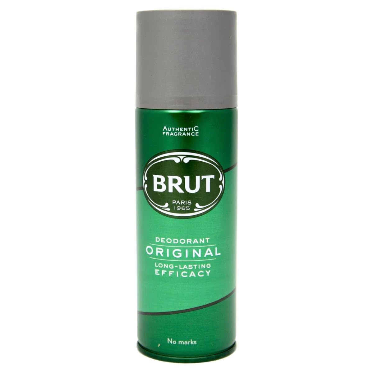 Brut Original deodorant spray bottle in use, delivers swift, even mist for daily freshness.