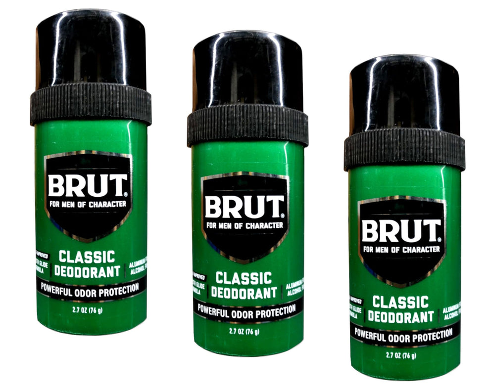 Brut Round Solid Deodorant close-up block shows solid form.