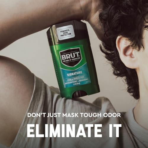 BRUT Signature Scent label closeup shows premium branding details.
