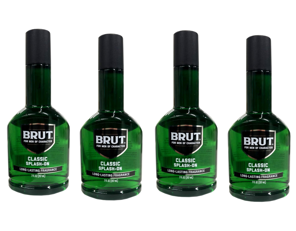 Brut Splash-On Lotion 7oz bottle; classic fragrance for daily grooming.