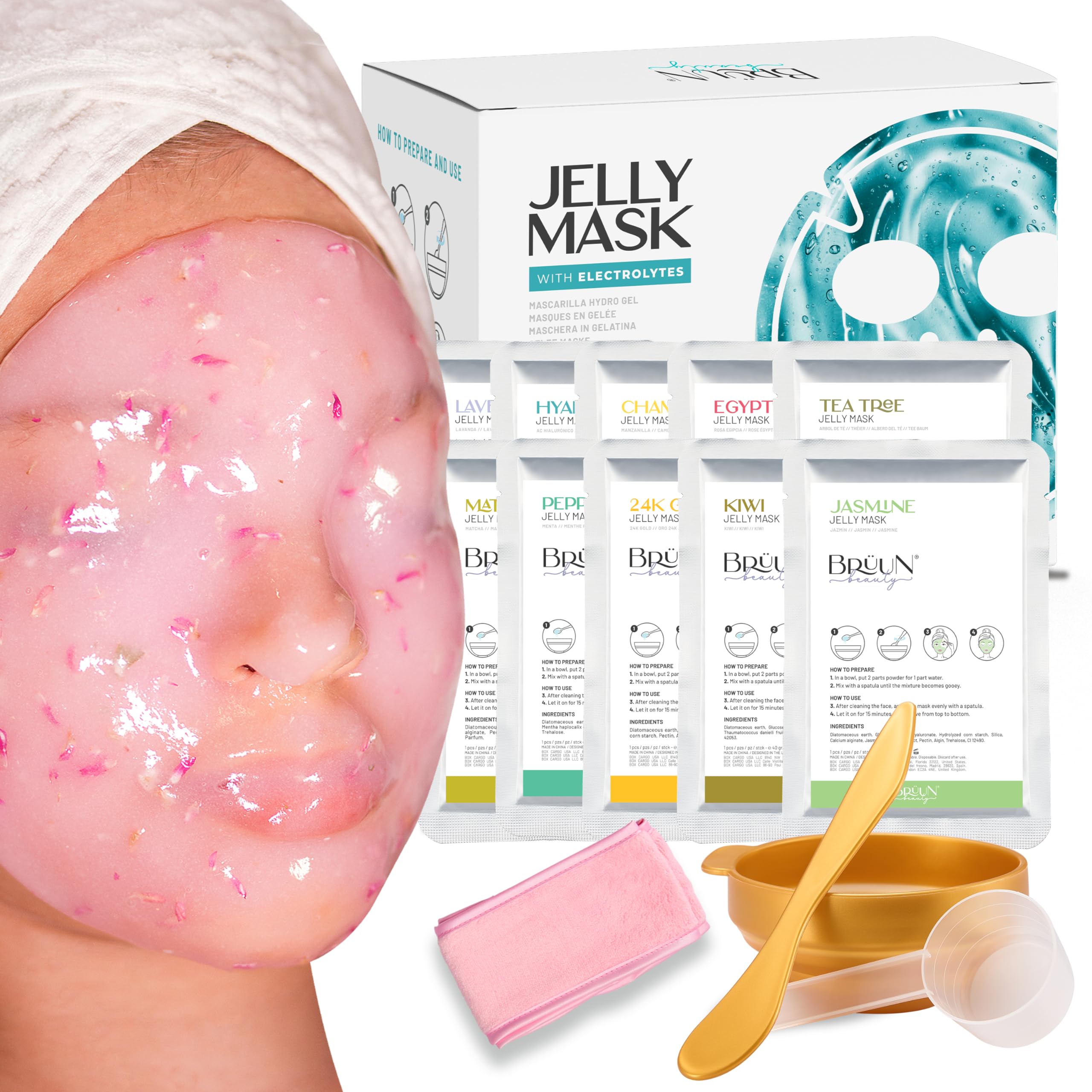 BRÜUN jelly mask powder packets ready to mix for smooth, even facial coverage.