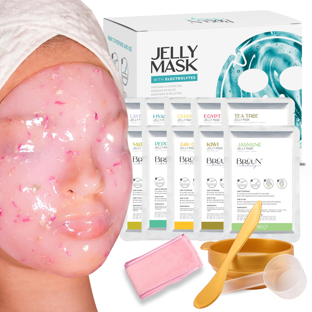 BRÜUN jelly mask powder packets ready to mix for smooth, even facial coverage.