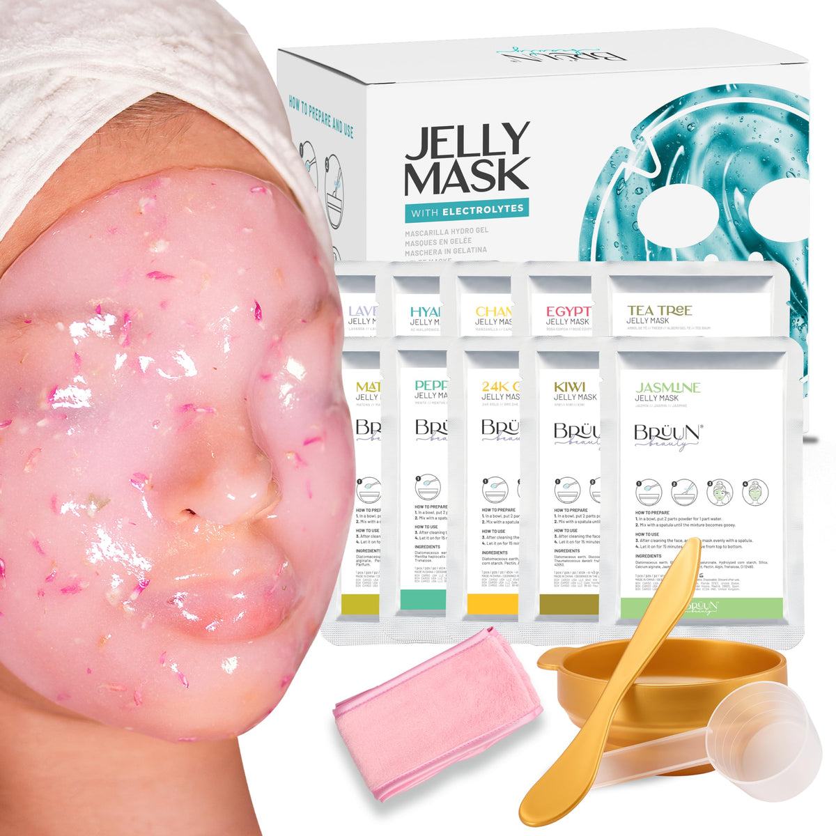 BRÜUN jelly mask powder packets ready to mix for smooth, even facial coverage.