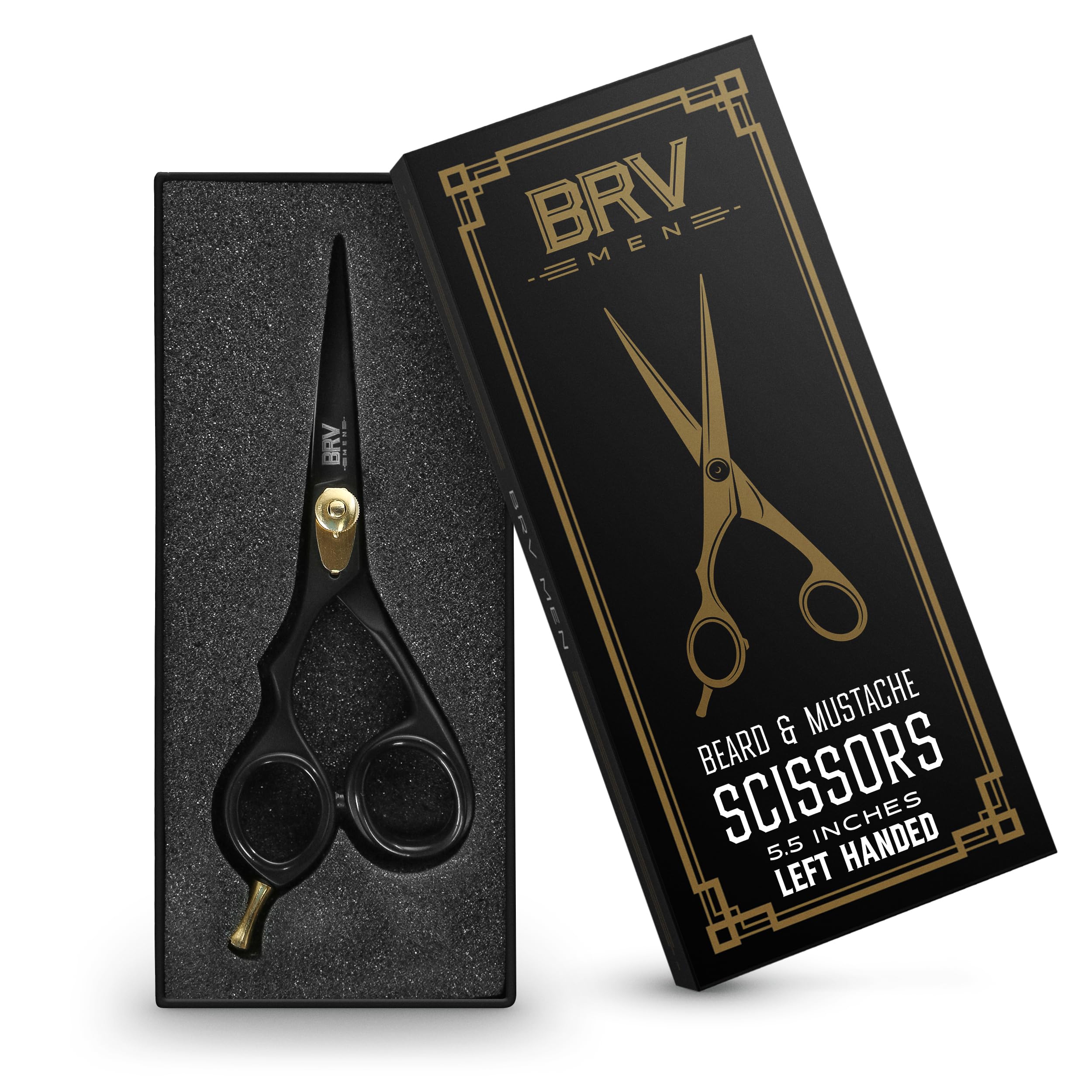 BRV MEN hammer-forged steel left-handed scissors resist wear for daily grooming.