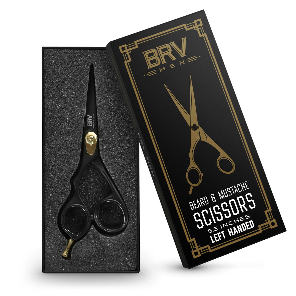 BRV MEN hammer-forged steel left-handed scissors resist wear for daily grooming.