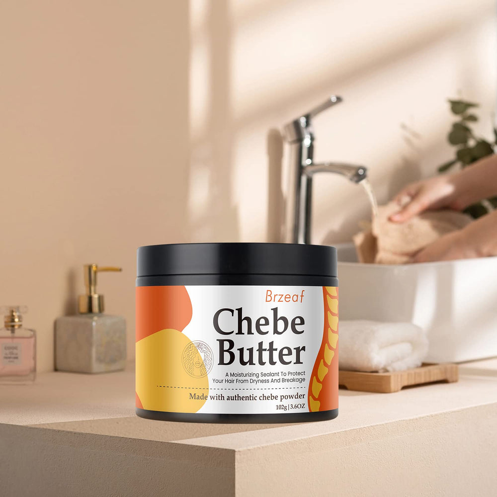 Brzeaf Chebe Butter bottle highlights vegan, cruelty-free formula for gentle care.