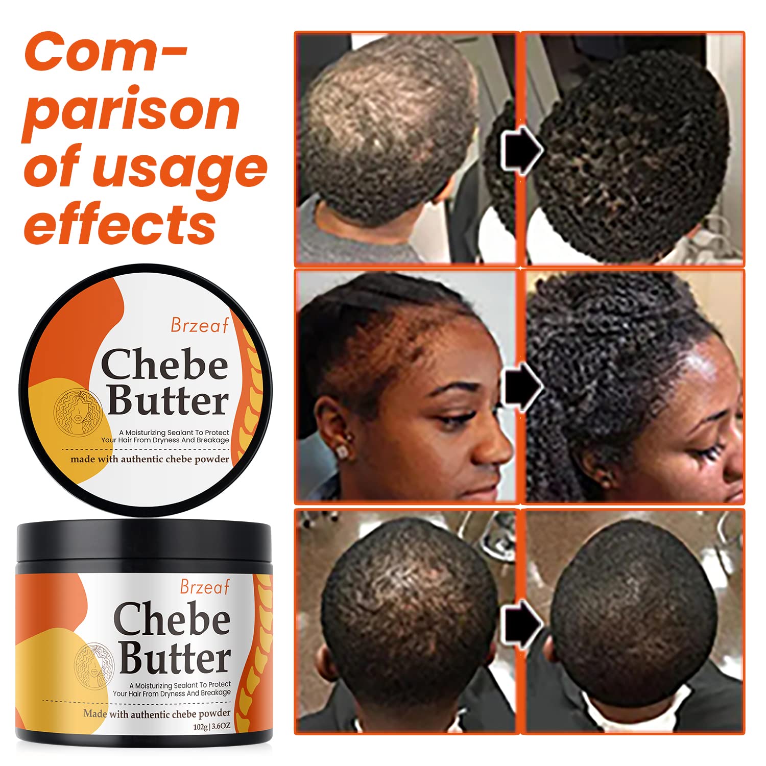 Brzeaf Chebe Butter on damp hair assists detangling and smoothness.