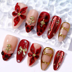 BSBTBZ 24-pcs flower press-on nails with almond shape and a 3D bow for chic style.