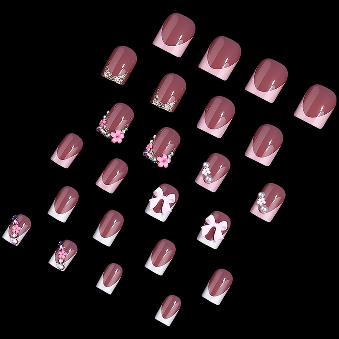 BSBTBZ 24pcs French Tip Nails Flower design adds playful elegance to any look.