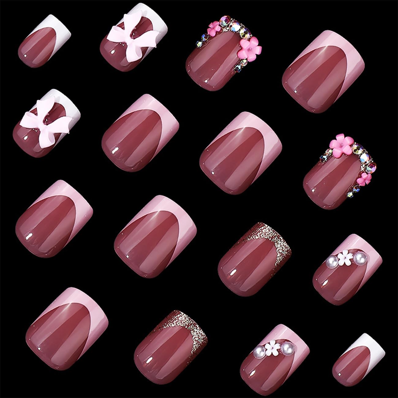 BSBTBZ 24pcs French Tip Nails Rhinestones for sparkling accents during events.
