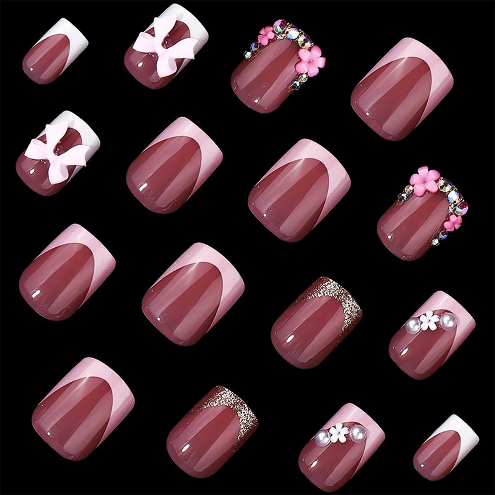 BSBTBZ 24pcs French Tip Nails Rhinestones for sparkling accents during events.