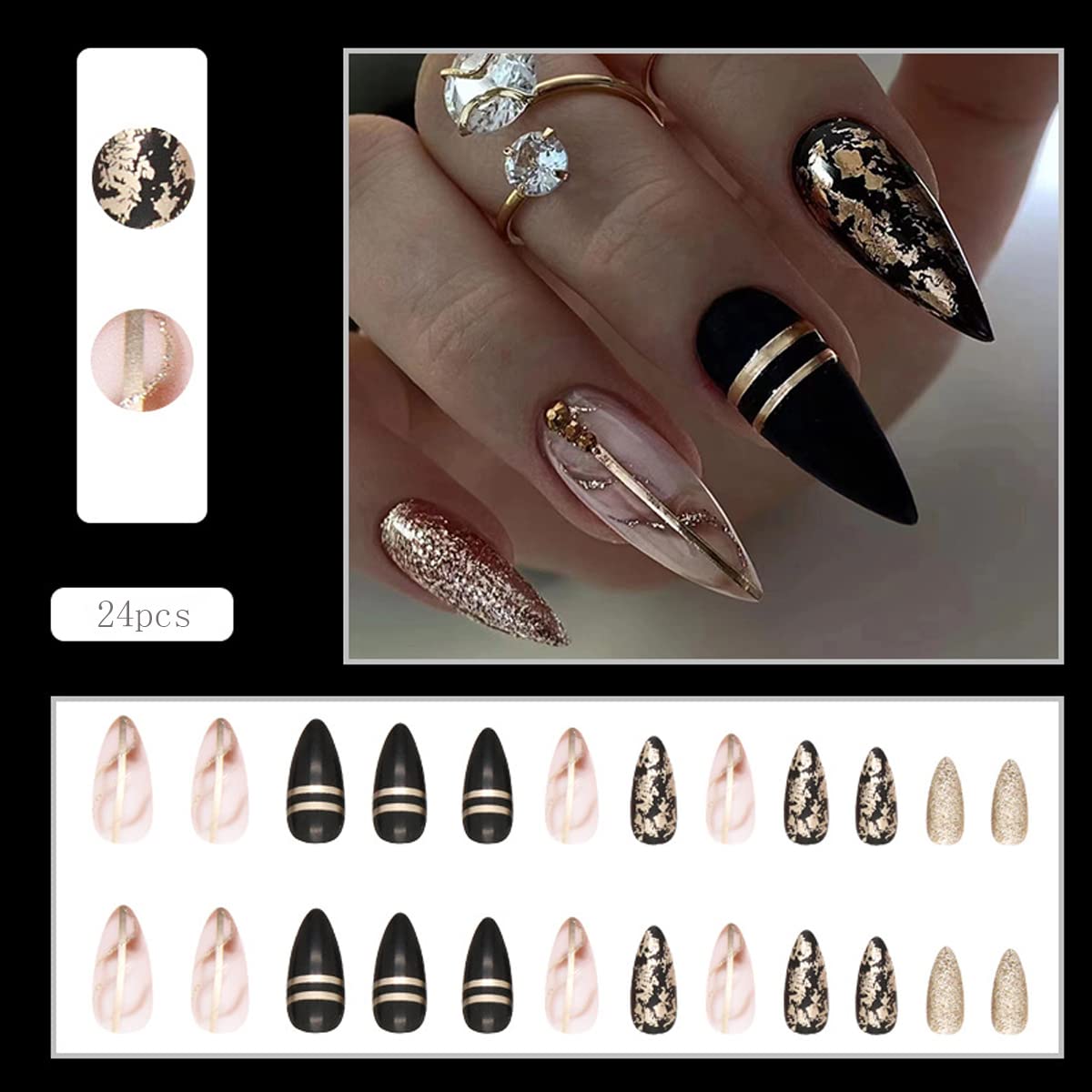 BSBTBZ Black Almond press-on nails, medium length, glossy coffin shape for quick glam