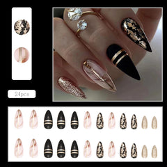 BSBTBZ Black Almond press-on nails, medium length, glossy coffin shape for quick glam