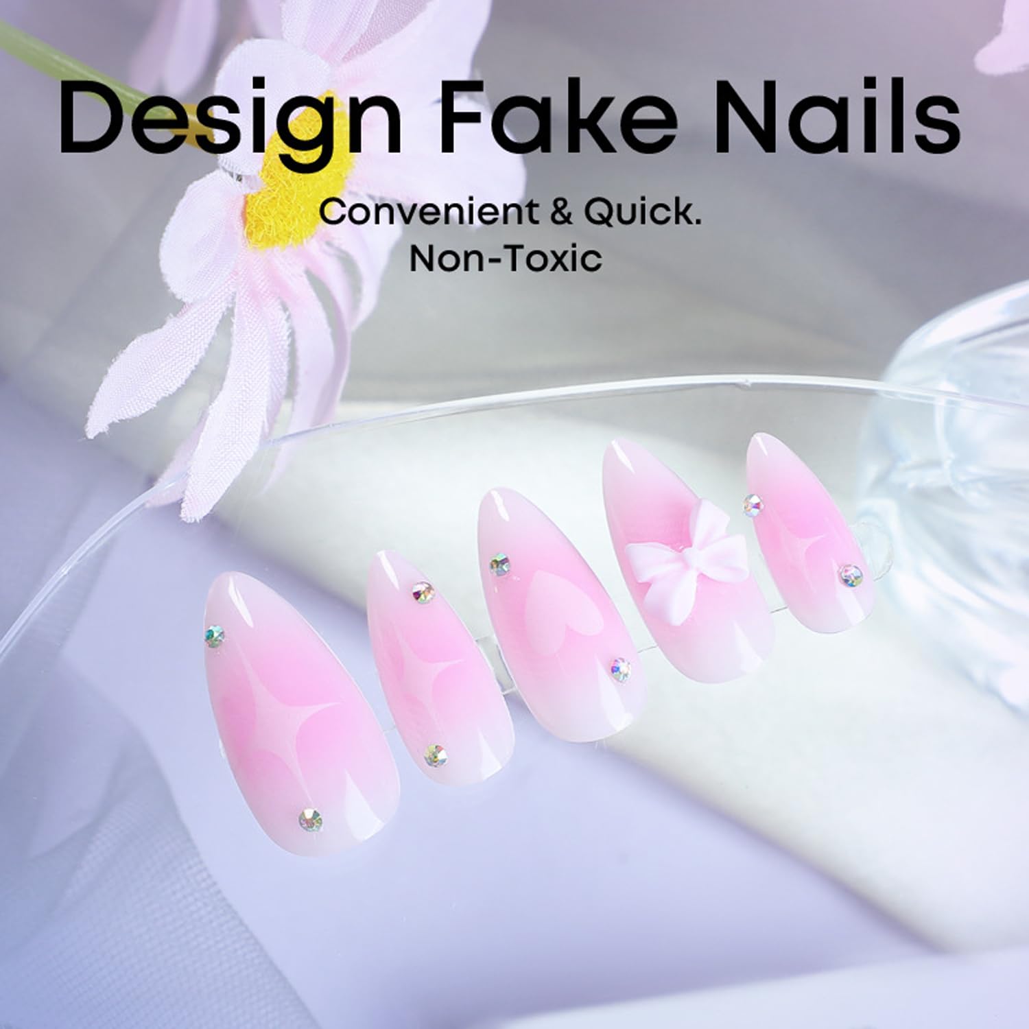 BSBTBZ blush bow rhinestones design adds elegant nail accents