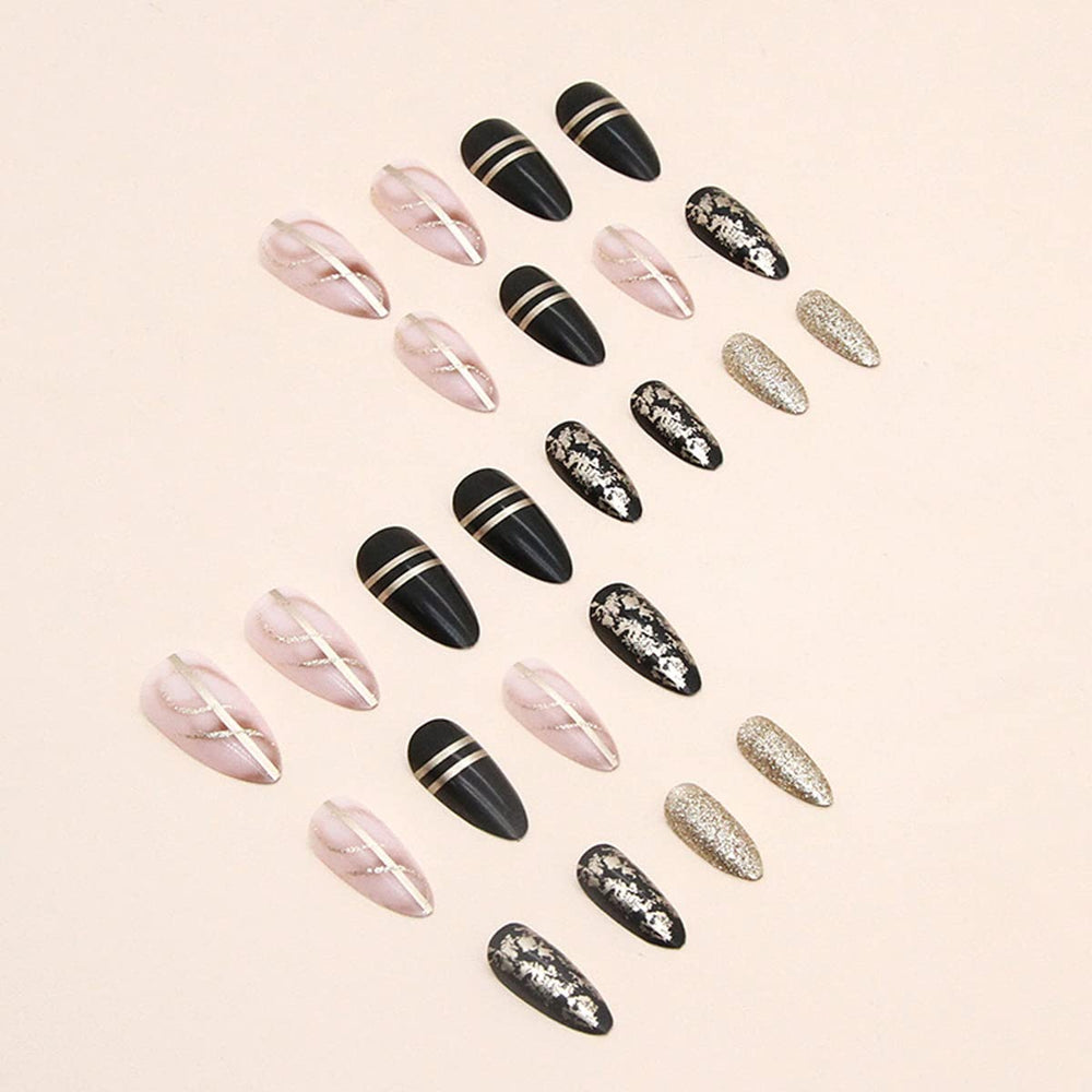 BSBTBZ Gold foil glitter line design nails for festive or party-ready look