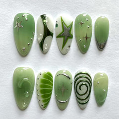 BSBTBZ green press-on nails with star pattern on almond shape for stylish looks